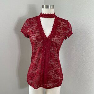 Express Womens Small Red Lace Choker Neck Short Sleeve Top Blouse Shirt